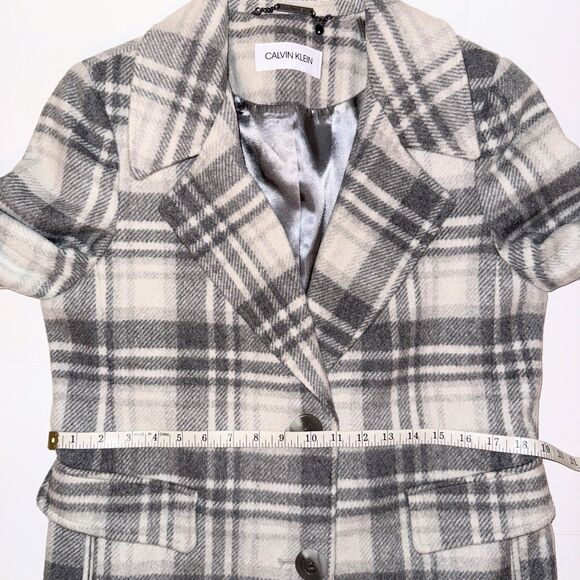 Calvin Klein Walker Plaid Wool Overcoat Single Breasted Pea Coat Gray Cream 10 - Picture 9 of 16
